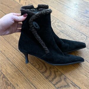 Stuart Weitzman Black Suede Booties with Fur Lining